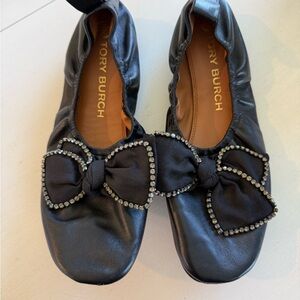 Tory Burch Black Flats with Rhinestone Bow